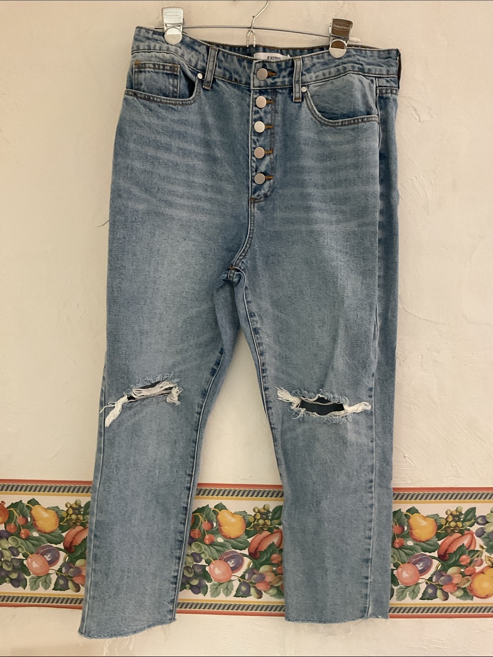 JustFab Jack High Rise Distressed Straight Leg Jeans Size 32, Blue